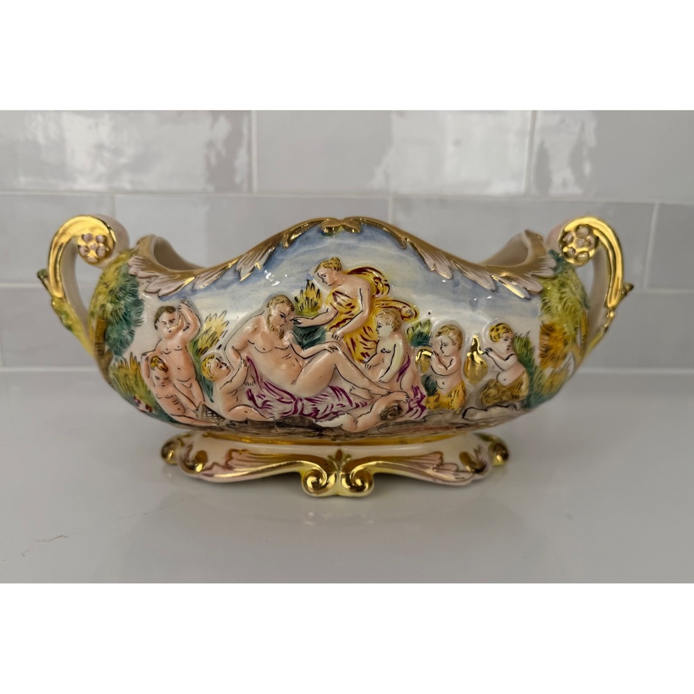 Capodimonte Italy Ceramic Centerpiece Bowl Relief Mythological Cherub Gold Gilt